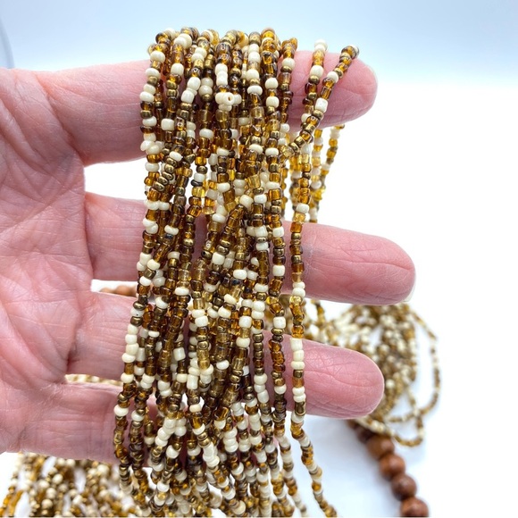 Boho Multi-Strand Brown Cream Seed Beads Long Necklace Artisan Made - Picture 3 of 8